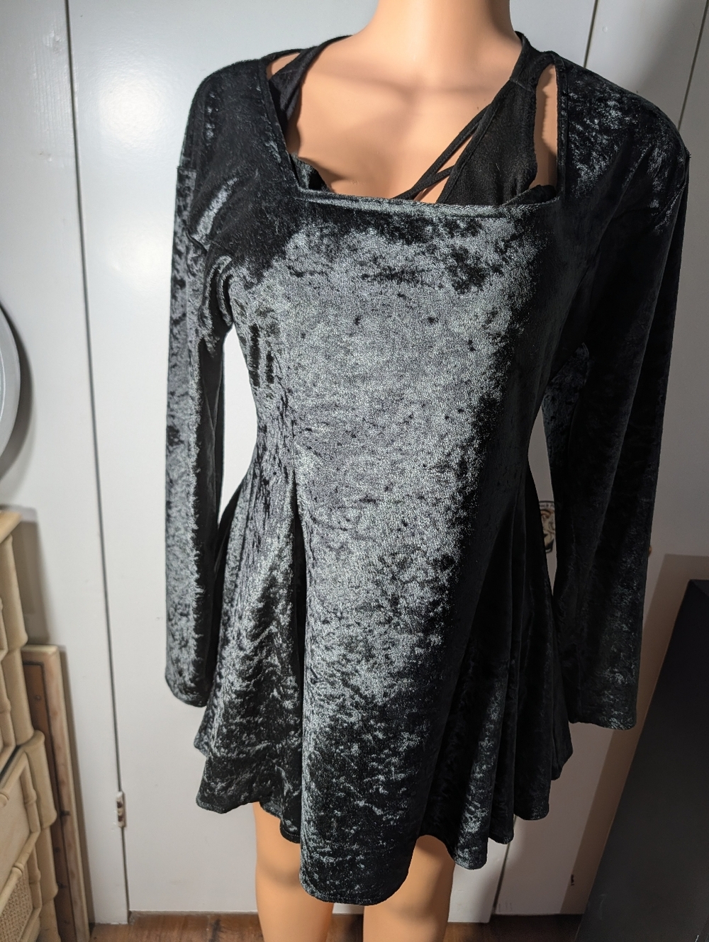 Diego 2 Crushed Velvet Long-Sleeve Fit & Flare Dress - Slate Gray Size L - Picture 5 of 8